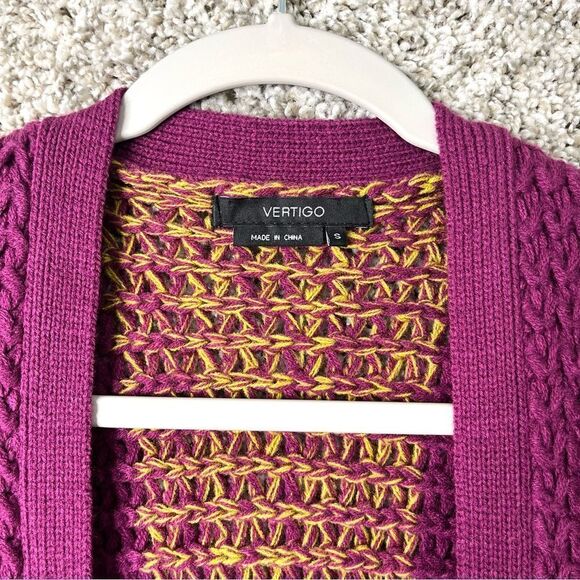 Vertigo Sweater Women’s Small Purple & Yellow Chunky Knit Long Open Cardigan - Picture 2 of 7